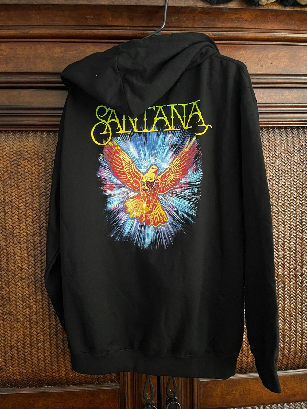 Black Hoodie with Neon Yellow Santana Script and Multicolor Dove Graphic